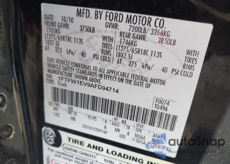 2010 Ford F150 Supercrew z USA, uszkodzony, nr VIN 1FTFW1EV9AFD94714